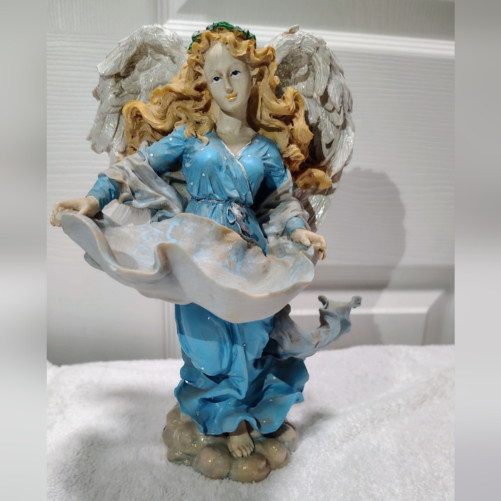 Angel Figurine Statue Blue Gown Dove Wings